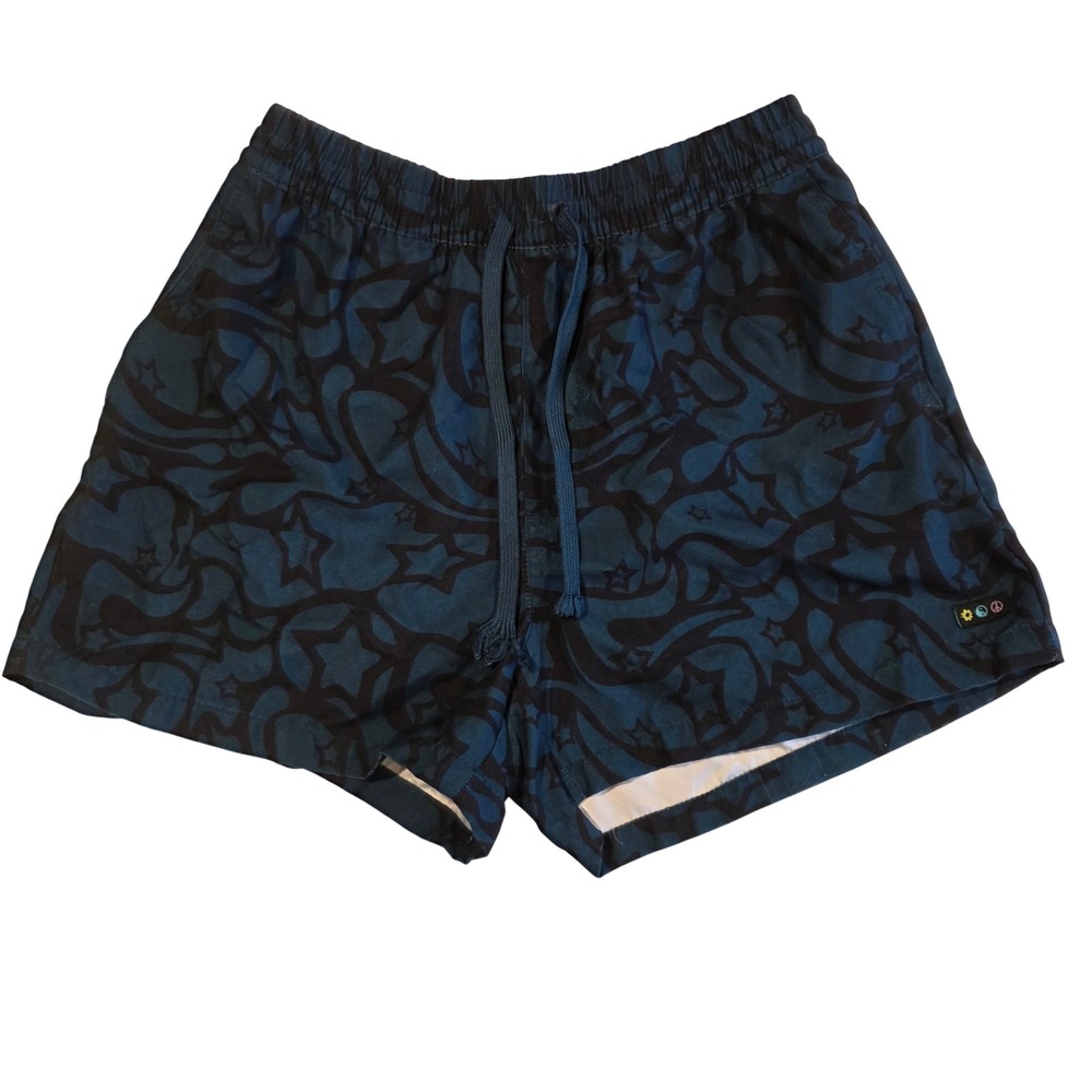 A-Lab Mens Star Print Swim Shorts Teal Black Psychedelic Trunks Small